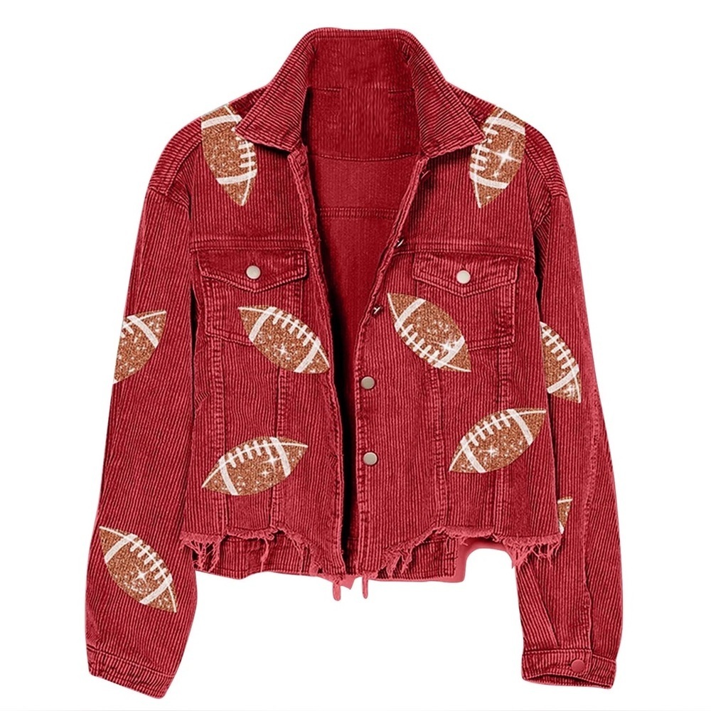Red Corduroy Football Sequined Crop Jacket Size XL